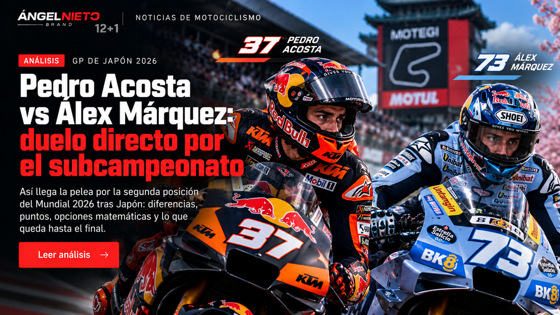 Ilustración editorial sobre Pedro Acosta y Álex Márquez en MotoGP Japón 2026