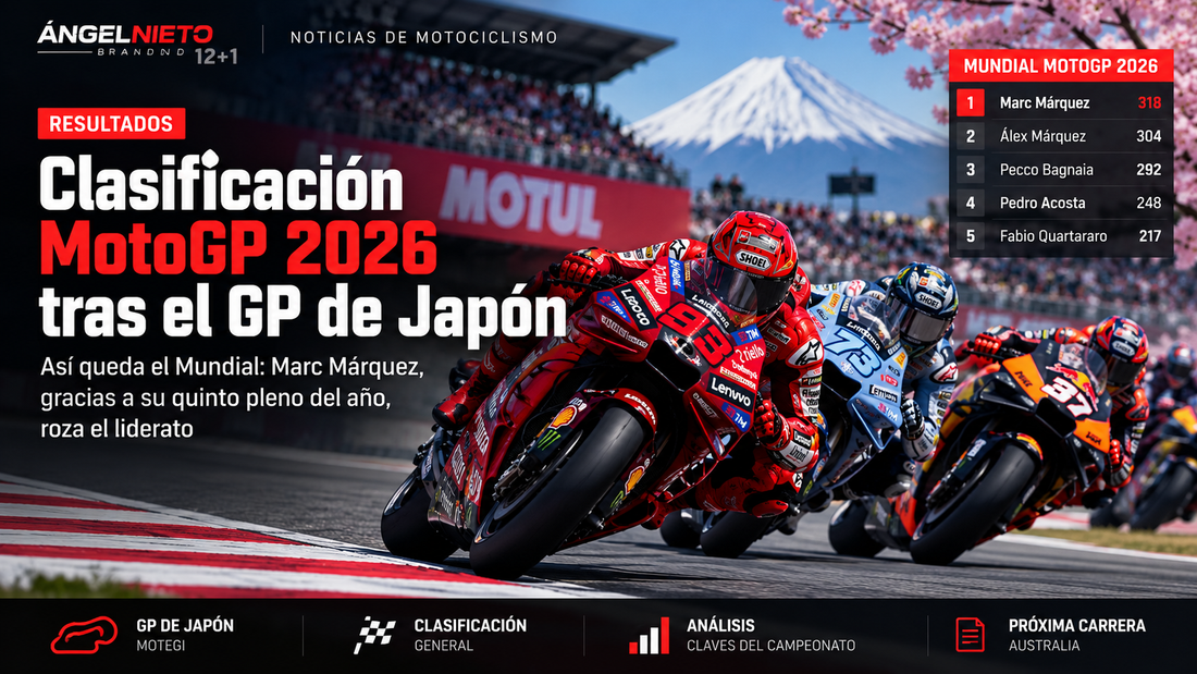 Ilustración editorial de la clasificación de MotoGP 2026 tras el GP de Japón