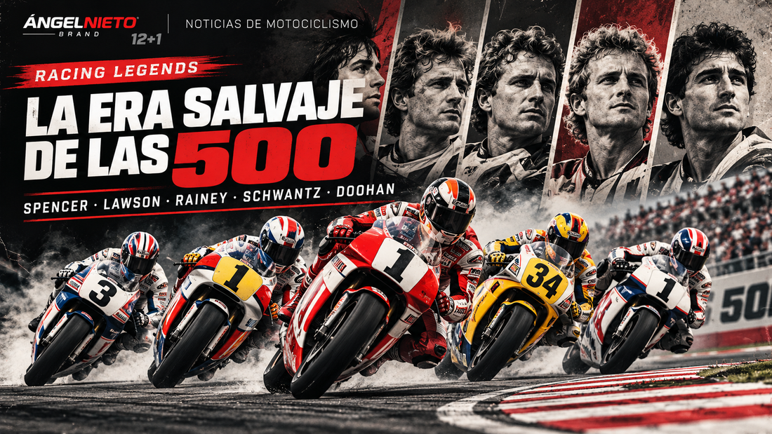 Ilustración editorial sobre la evolución desde las 500cc hasta MotoGP