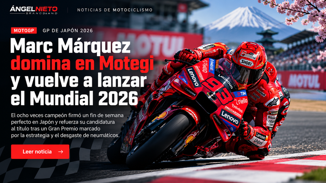 Ilustración editorial sobre Marc Márquez y MotoGP en Motegi 2026