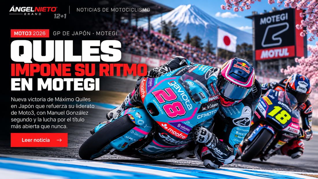 Ilustración editorial de Máximo Quiles en Moto3 2026, basada en la referencia de su moto número 28