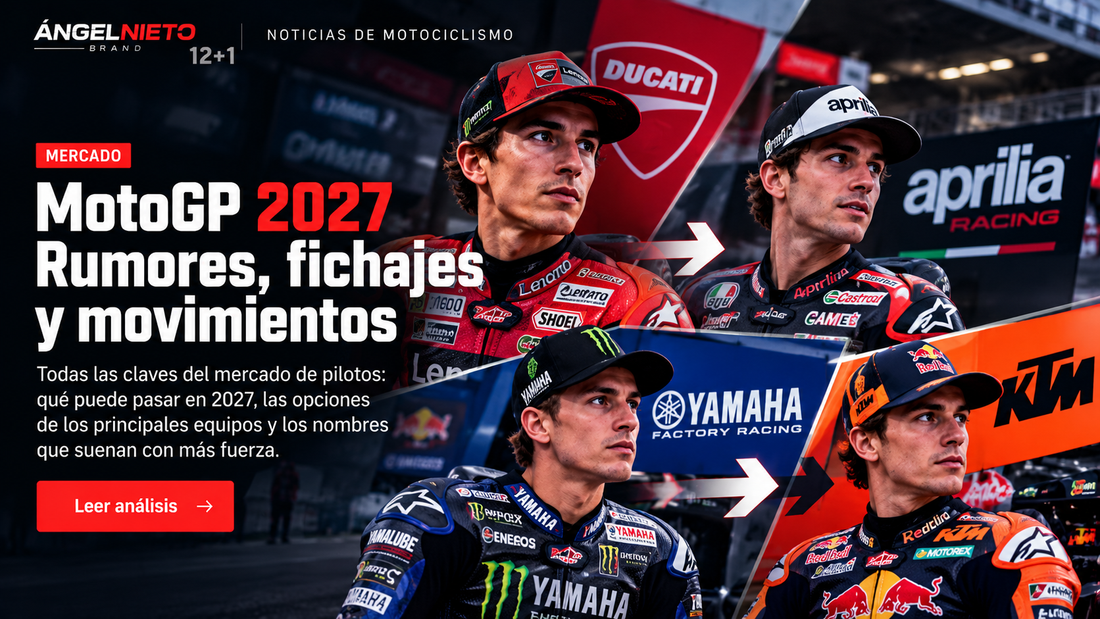Ilustración editorial sobre el mercado de pilotos y fichajes de MotoGP 2027