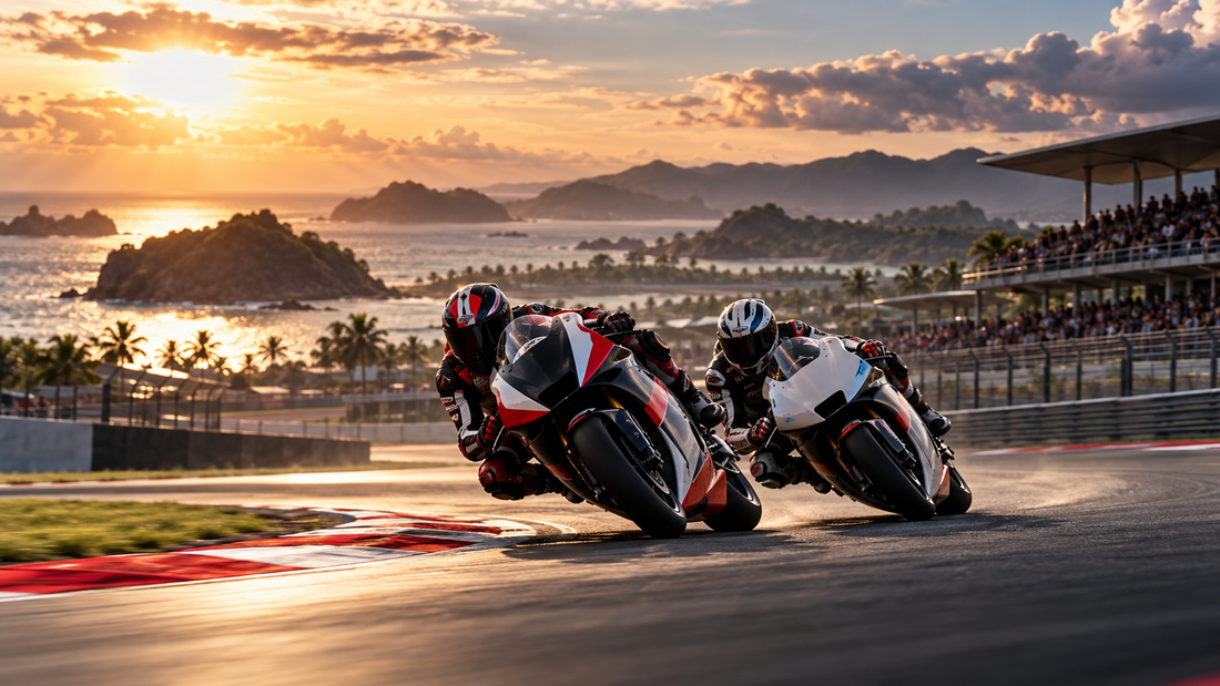 Dos motos de Moto3 luchando en un circuito tropical durante el GP de Indonesia 2026